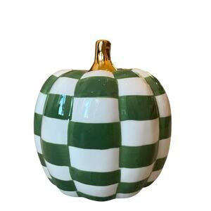 Green & White CHECKERED Pumpkin w/ Gold Stem 7in Ceramic Fall Home Decor New
